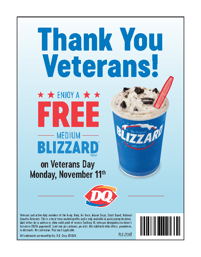 Free Ice Cream for Veterans Happy Veteran's Day Nov 11, 2024