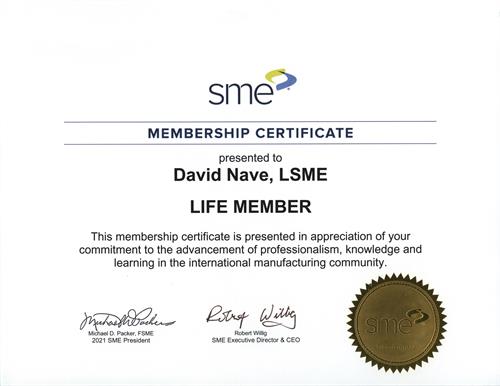 Society of Manufacturing - Life Member Certificate