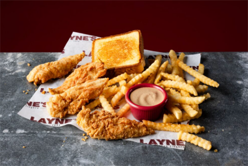 Our chicken finger meals come with marinated chicken, crinkle-cut fries, Texas toast, 22oz drink and our signature Layne’s sauce.