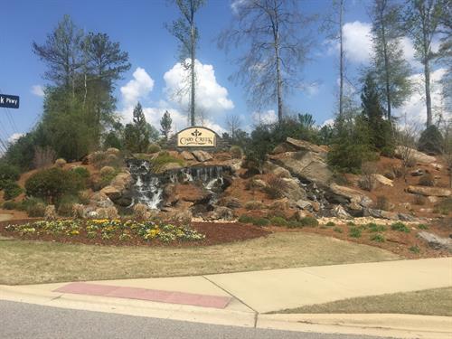 Constructed waterfall entry monument for Cary Creek Community, Auburn, AL