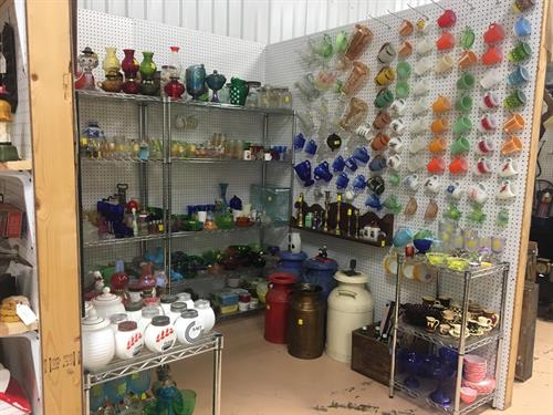 Large selection of FireKing, Pyrex, and Fenton