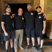 Veneziano's Restaurant & Pizzeria Owner with 8 Furlong Consulting Founder, Paul LaRosa wearing the restaurant's new shirts