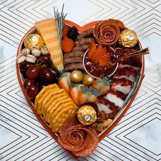 Valentines Day heart box grazes, in small medium and large, fine cheeses, charcuterie, candy & chocolates jams/dips + accompaniments 