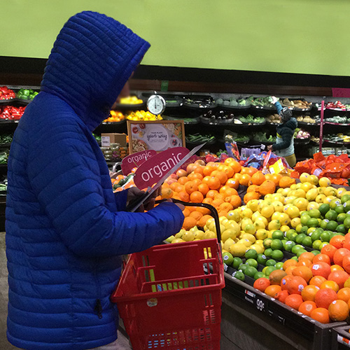 A student shops for groceries at a local store to learn essential independent-living skills.