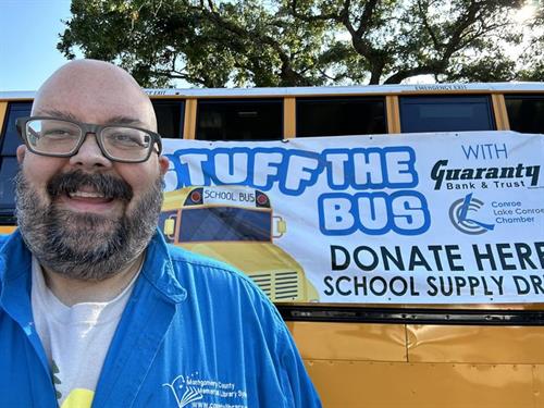 Mr. Mat delivering school supply donations to the Stuff the Bus Chamber event!