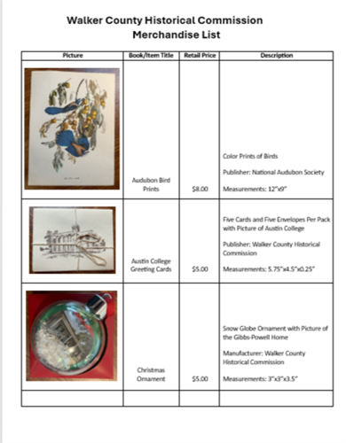 Walker County Historical Commission Merchandise List