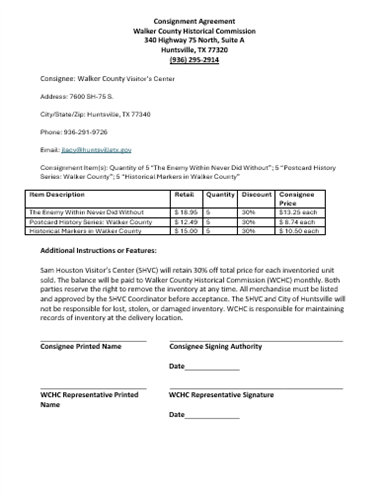 Updated Walker County Historical Commission Consignment Form