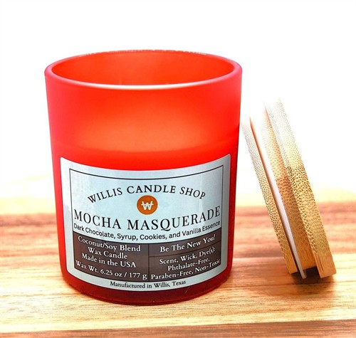 Red Frosted Glass Candle: Mocha Masquerade