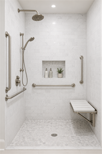 Zero threshold shower with bench and grab bars