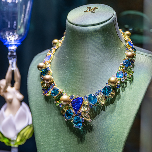 Cascade Collier featuring Australian Boulder Opals, Pistachio Pearls, Diamonds and Multi-colored gemstones