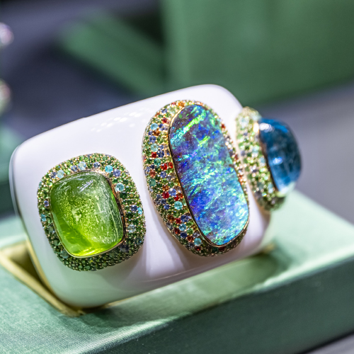 Lagoon Cuff featuring Australian Boulder Opal, Aquamarine, Peridot, White Opal and Multi-colored Gemstones
