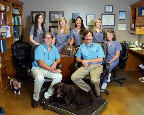 Animal Care Center & Pet Care Center Veterinarians, Top left to right- Dr. Bethany Brewer, Dr. Jessica Downing, Dr. Amy Sutherland, Dr. Mary Beth Tamor; Bottom left to right: Dr. William Wheat Jr., Dr. Darryl Bubrig, Dr. Melanie Lavergne