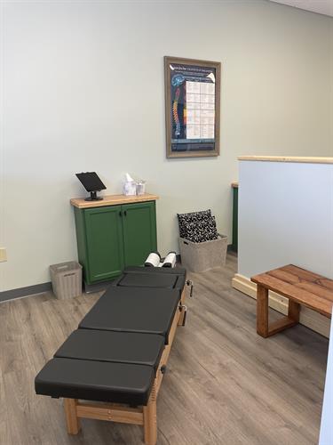 Each adjusting room is fitted with a custom table with multiple drops for a more gentle adjustment. And a breakaway midsection piece for pregnant mammas.