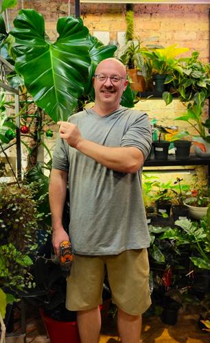 Shop owner Jeff, posing with a huge Philodendron leaf.
