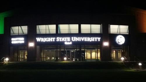 The Nutter Center at night is a great example of how LED signage can make your building stand out.
