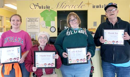 In March, Terry Ayers, Sam Hall, Neisha Luther and Brighid Blasdel—all participants in Stone Belt's Lifelong Learning Program in Columbus—were recognized for their hard work and dedication volunteering weekly for almost eight years at the Bartholomew County Humane Society.