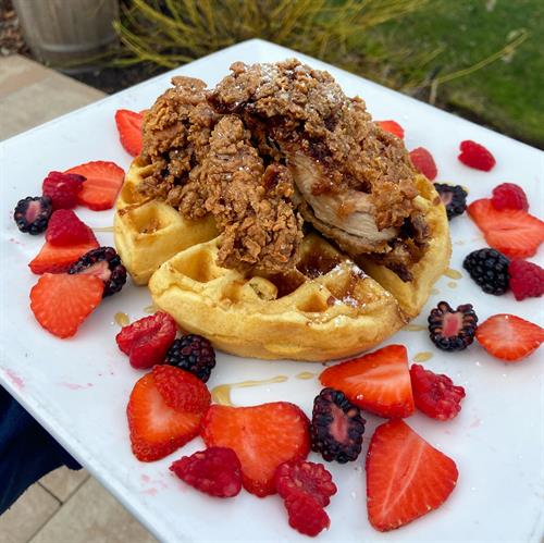 Our Delicious, Tender Chicken & Waffles on our brunch menu!