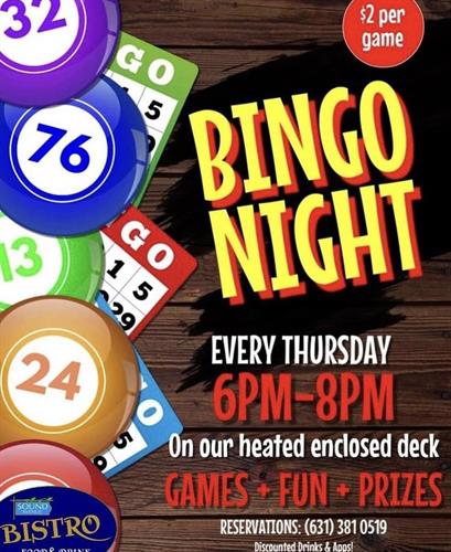 Bingo Night EVERY Thursday 6-8pm! Discounted Drinks & Apps. Come Have fun with family and friends! Reservation Required.