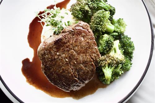 2.7.25 Sweetheart Specials: Filet Mignon: Brown butter-basted filet mignon, garlic mashed potatoes, roasted broccoli & red wine thyme demi-glace. *GF