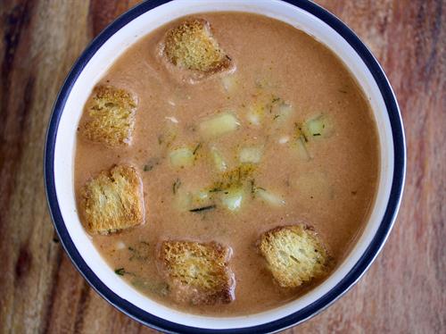 7.17.25 | Weekly Soup | Gazpacho | Tomatoes, cucumbers, leeks, bell peppers, bread, sherry vinegar, garnished with croutons and cucumber dill salad. |DF| |V|