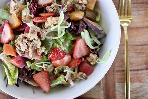 6.26.25 Partake: Market Salad: Mixed greens, snow peas, strawberries, golden beets, Boysenberry vinaigrette, and candied walnuts. |GF|DF|V| 6.26.25 Partake: Market Salad: Mixed greens, snow peas, strawberries, golden beets, Boysenberry vinaigrette, and candied walnuts. |GF|DF|V|