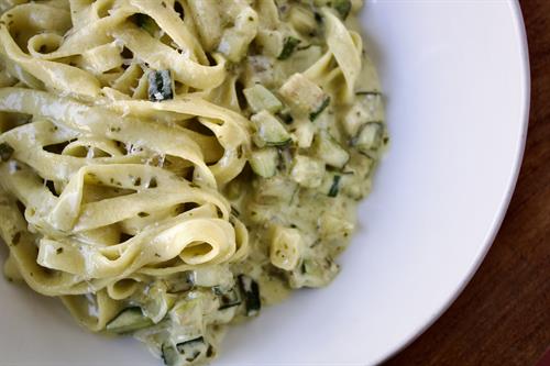 8.8.25|Lounge|Dine|House-Pasta| House-made Fettuccine, sautéed zucchini, and a pesto cream sauce. Garnished with Pecorino Romano. 8.8.25|Lounge|Dine|House-Pasta| House-made Fettuccine, sautéed zucchini, and a pesto cream sauce. Garnished with Pecorino Romano.
