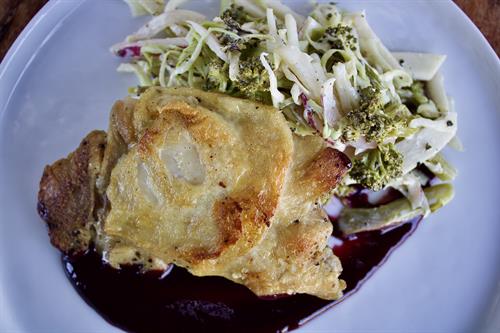 7.17.25 | Supper Special | Pan-seared lemon pepper chicken thigh, kohlrabi broccoli salad, and blackberry coulis. |GF| |DF|
