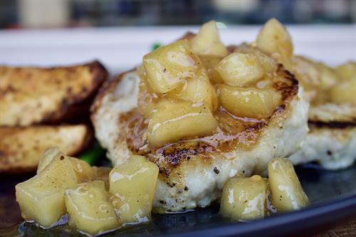 Pork medallions, roasted red potatoes, sautéed green beans, and apple mustard compote. Pork medallions, roasted red potatoes, sautéed green beans, and apple mustard compote.