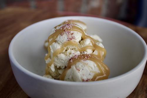 Blossom Barn Dinner | Vanilla bean ice cream topped with house-made cider caramel. Blossom Barn Dinner | Vanilla bean ice cream topped with house-made cider caramel.