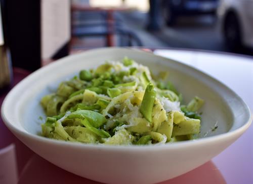 6/19 Partake Lounge: House Pasta: House-made Fettuccine, snap peas & pesto. Garnished with Pecorino Romano.