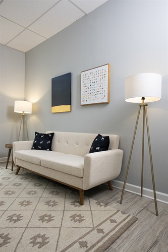 Lakeview therapy office interior. Warm, softly lit corner for CBT and talk therapy in Chicago.