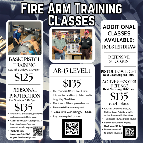 TONS of firearm training, safety and skill improvement classes. Ages 10 & up. 