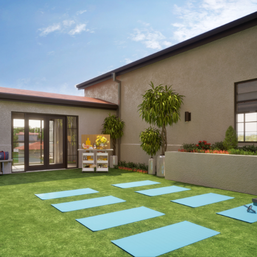 The outdoor yoga studio is planned as a peaceful setting for stretching, movement, and wellness-focused classes.