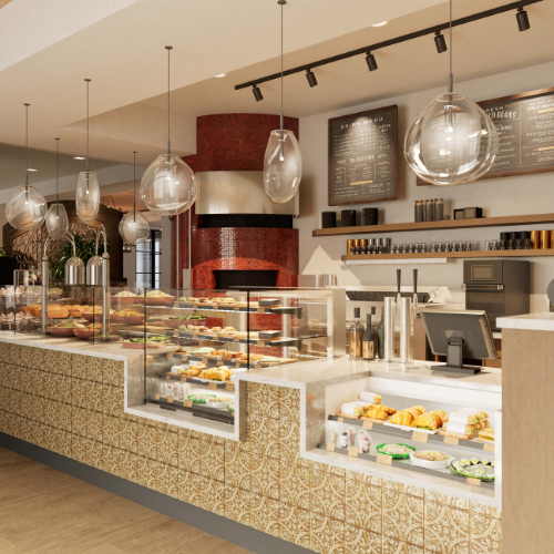 CIMA is planned as a relaxed, café-style bistro where residents can gather for fresh meals, handcrafted coffee, and convenient bites throughout the day.