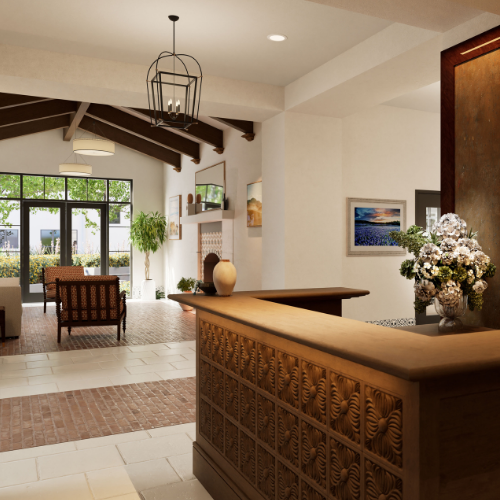 Bella Vida’s welcoming lobby is thoughtfully designed to create an elegant first impression while offering a comfortable space to gather, connect, and feel at home.
