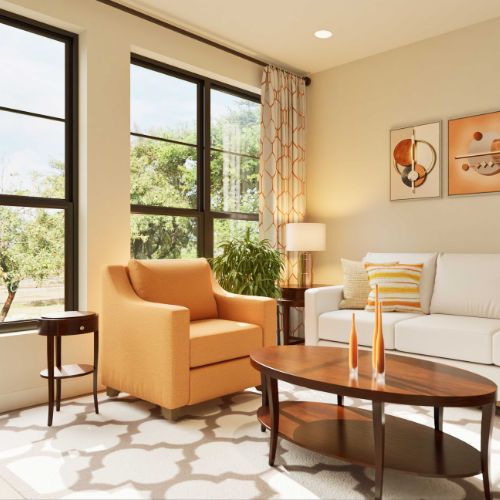 Expansive windows and carefully considered layouts are designed to create bright, welcoming apartment homes connected to the beauty of the campus.
