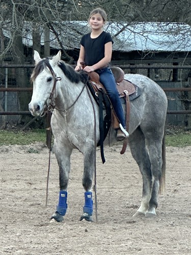 Ryenn on a mare that is in the HFH program. Kid safe horse! 