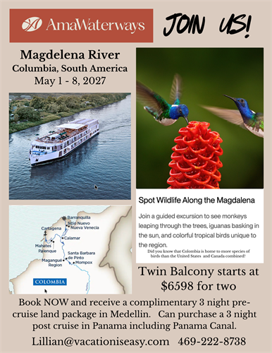 Join us on AMA Waterways, Magdalena River, Colombia, South America May 2027