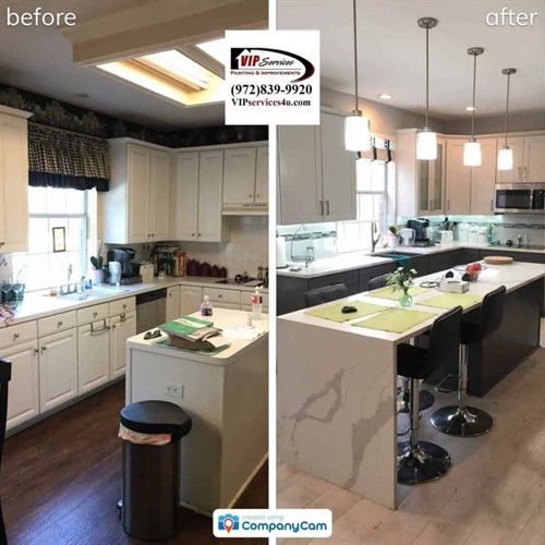 kitchen with waterfall island