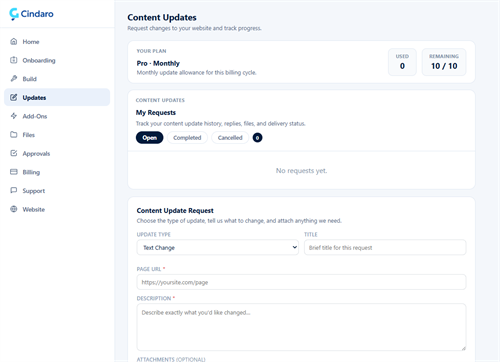 Content Update request tab inside the Cindaro Dashboard