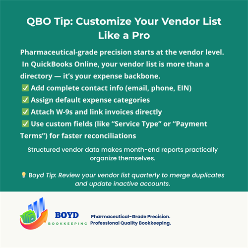 Vendor precision = bookkeeping power. Start your week with QBO done right. #MaranaBusiness