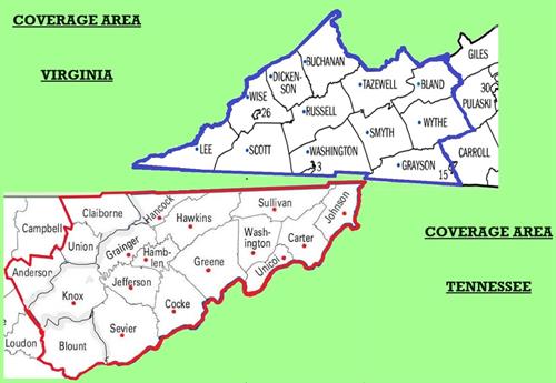 We service 18 counties in Tennessee & 12 counties in Virginia