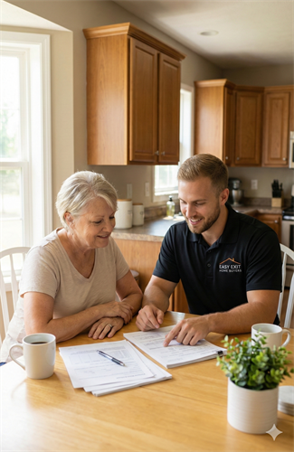 Todd and Lauren Bennet meeting with a homeowner to review options for selling a house quickly in McHenry, IL