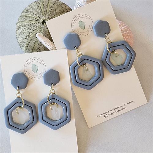 Lovely blue hexagon earrings with genuine Maine sea glass