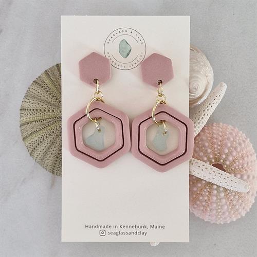 Pink hexagon earrings with genuine Maine sea glass