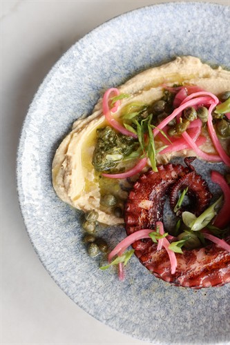 GRILLED OCTOPUS / marinated onions, capers, hummus