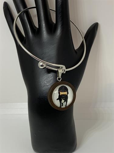 Stainless steel bracelet with glass cabochon set in wood. Hand designed. Stainless steel bracelet with glass cabochon set in wood. Hand designed.