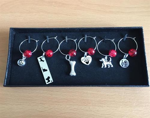 Wine charms set of six - stainless steel loops with charms and either glass, ceramic or natural stone beads. Hand designed.