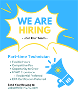 Hello HVAC is Hiring! Part-Time HVAC Technician Position Available.