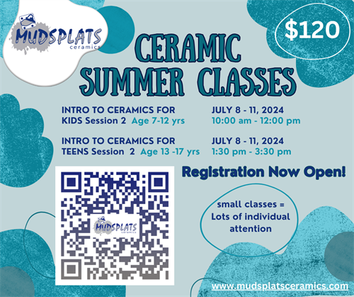 Ceramic Summer Classes for Kids and Teens Session 2 - July 8-11, 2024